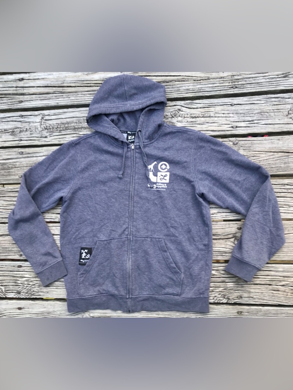 Mens L LRG EQUIPMENT Grey Zip Up Hooded Jacket White Graphic Hoodie